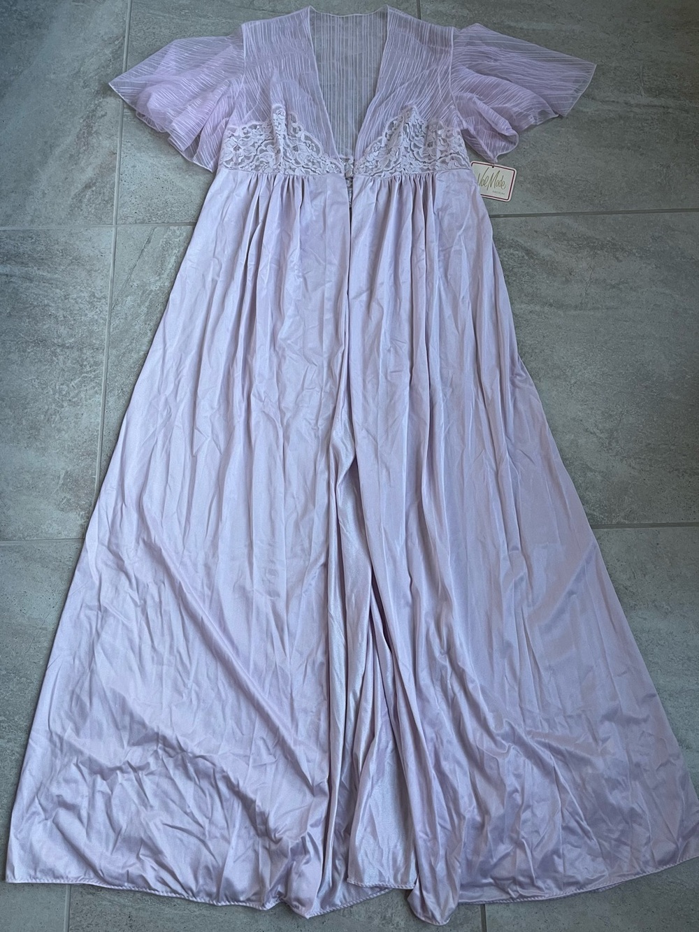 Vintage Val Mode Sheer Nylon Lace-Trim Lavender Long Robe